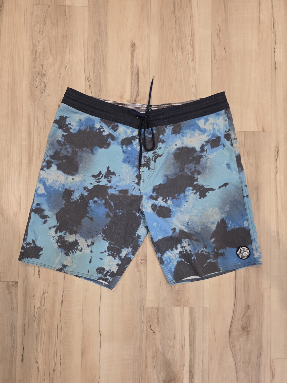 Volcom Blue and Black Tie-Dye Swim Board Shorts with Drawstring